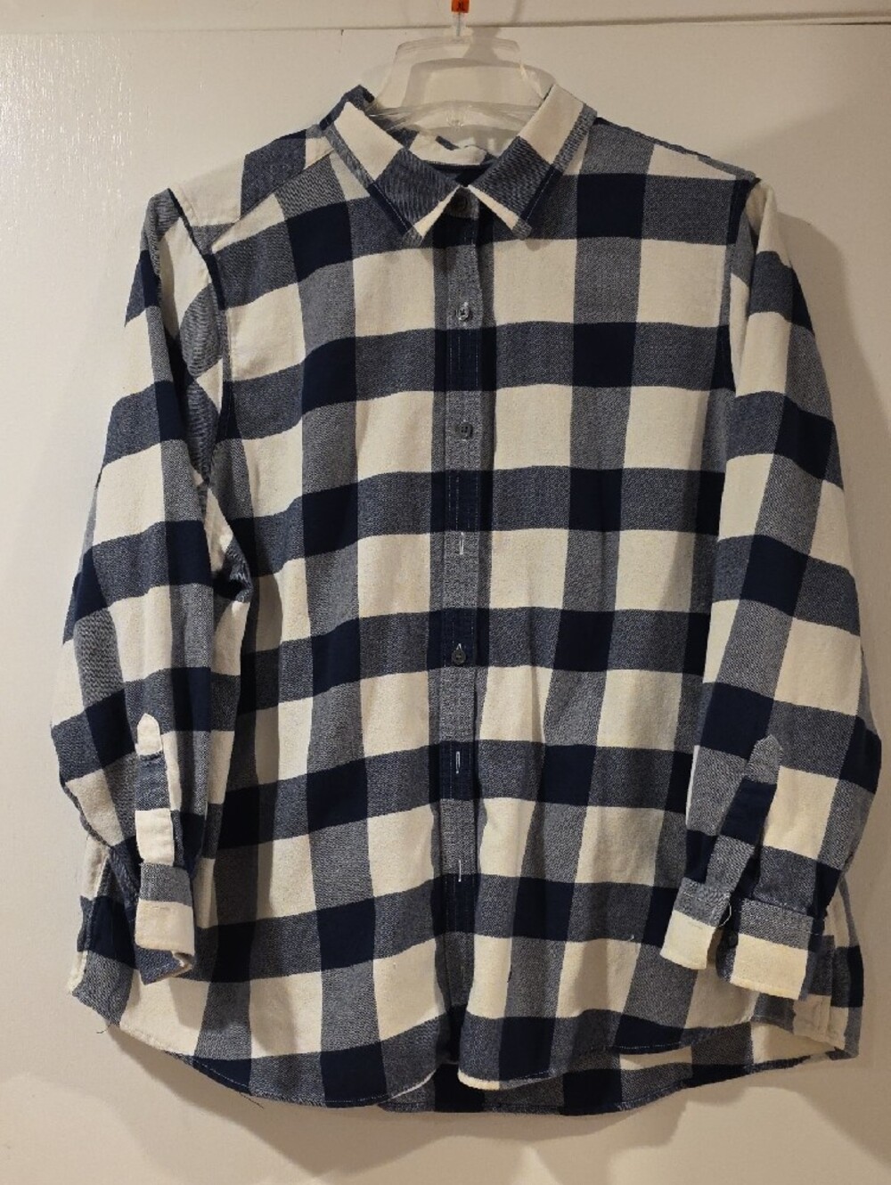 Lands End Flannel Women's Navy and White Buffalo Check Button-Down Shirt